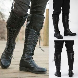 Viking Pirate Men Medieval Shoes Lace Up Black Boots Knight Cosplay Retro Steampunk Renaissance Costume Gothic Archer Ankle Shoe