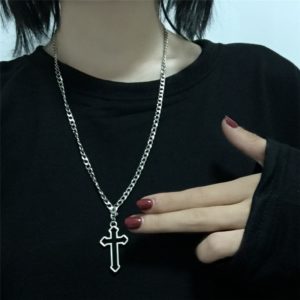 Vintage Dark Gothic Hollow Cross Pendant Chain Necklace For Kpop Cool Harajuku Street Egirl Men Women BFF Punk Halloween Jewelry