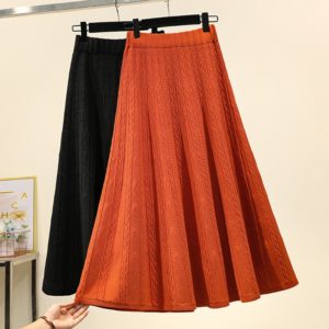 Vintage Winter Women thick sweater skirt Elastic High Waist Pleated Midi knitted Skirt female solid Plus size elegant Skirts