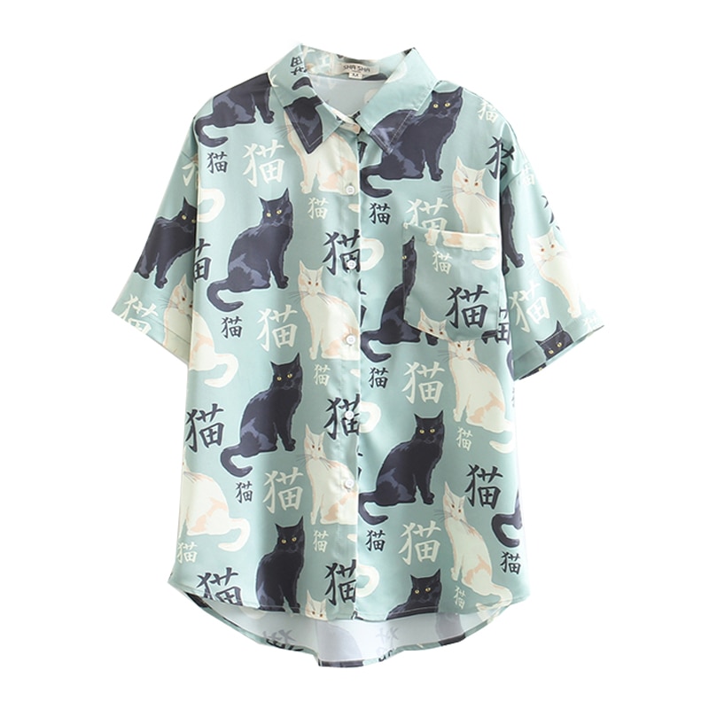 Women-Blouse-And-Tops-Cartoon-Cat-Print-Harakuju-Blouses-2020-Summer-Fashion-Short-Sleeve-Turndown-Collar
