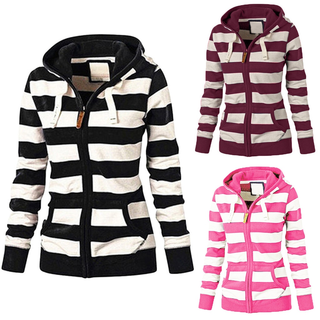 Women-hoodies-Zipper-Tops-Casual-daily-Hooded-striped-Sweatshirt-Coat-Jacket-Slim-Jumper-kpop-Office-Wear