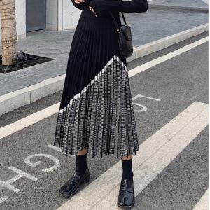 ZAWFL 2020 Winter Women's Fashion Houndstooth Midi Skirt Female High Waist Pleated Knitted Thick Black Warm Skirts
